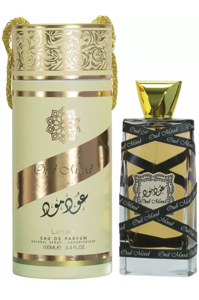 Perfume Oud Mood da Lattafa com embalagem dourada e frasco transparente com tampa dourada