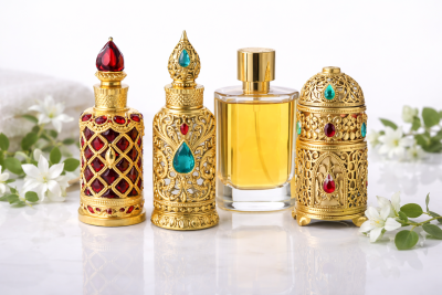 Quatro frascos de perfume com design dourado e pedras coloridas e frasco de vidro com líquido amarelo, flores ao fundo