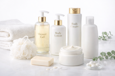 Produtos de cuidados corporais em frascos brancos e dourados com toalhas e esponja branca