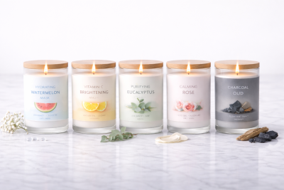 Cinco velas aromáticas com rótulos coloridos e tampas de madeira em fila sobre superfície branca.