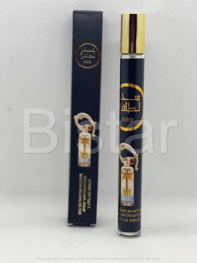 Frasco de perfume SEHR com tampa dourada e embalagem preta