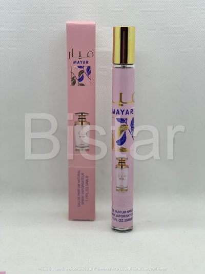 Frasco de perfume MAYAR rosa com tampa dourada e caixa