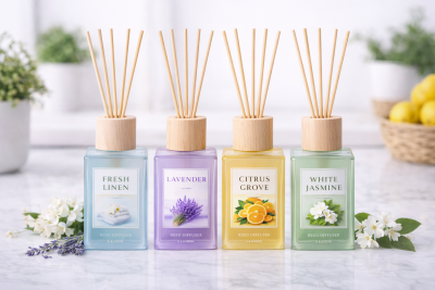 Quatro difusores de varetas coloridos em vidro com tampas de madeira e rótulos de perfumes variados