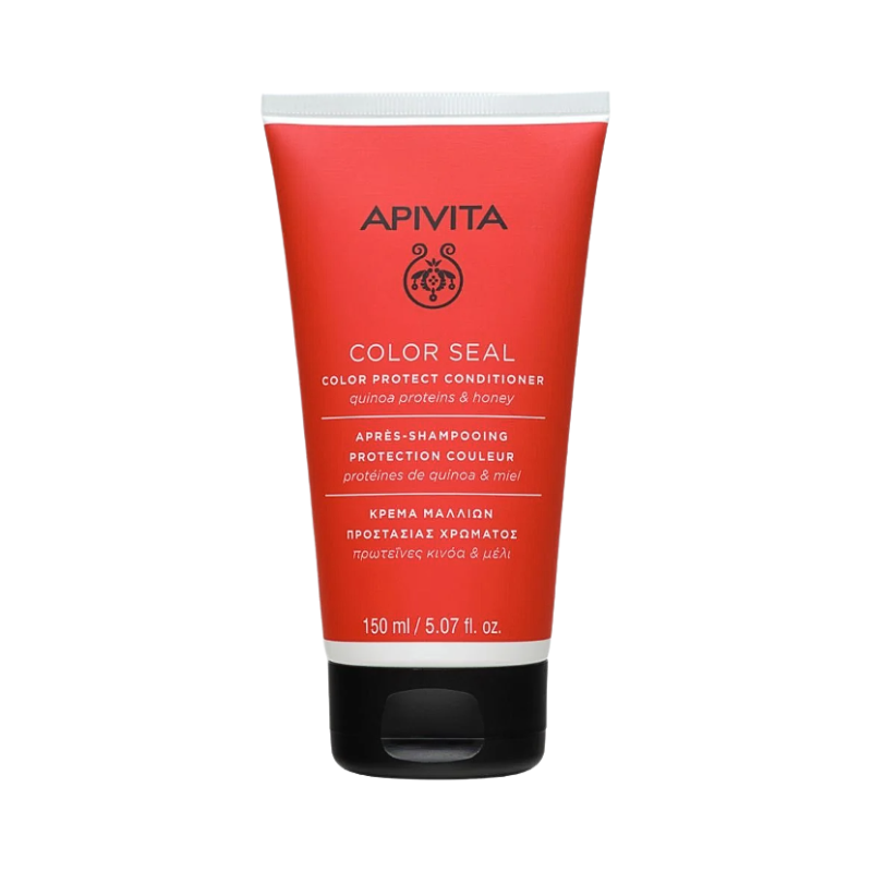 Tubo vermelho de condicionador Apivita Color Seal com tampa preta e texto multilingue