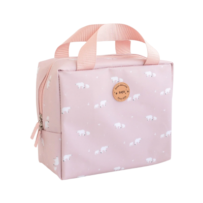 Bolsa rosa com padrão de ursos polares brancos e selo redondo frontal