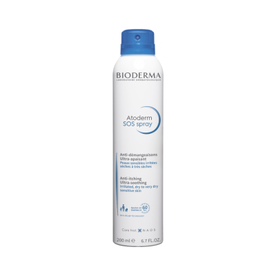Frasco branco com tampa azul spray Bioderma Atoderm SOS para pele sensível