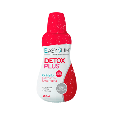 Frasco do suplemento EasySlim Detox Plus 500 ml com tampa vermelha e corpo branco com texto em português