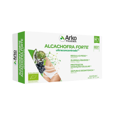 Caixa de suplemento Alcachofra Forte Arko Pharma, verde e branco, com imagem de alcachofra e uvas