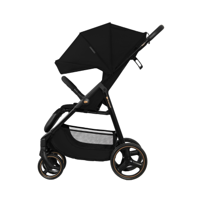 Carrinho de bebé preto com rodas e capota