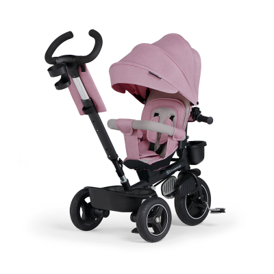 Triciclo infantil rosa com estrutura preta e capota