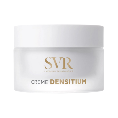 Frasco branco opaco com tampa branca e texto SVR Creme Densitium