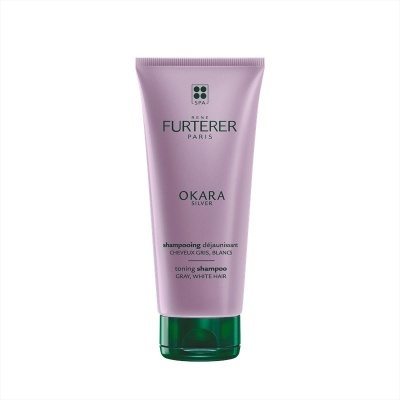 Frasco lilás de shampoo René Furterer OKARA SILVER com tampa verde.