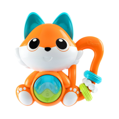 Brinquedo para bebé forma de raposa com corpo plástico laranja e branco, orelhas azuis e olhos grandes pretos