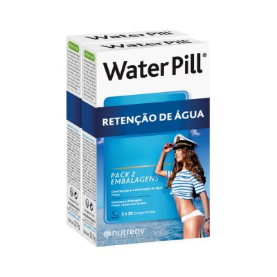 Caixa de comprimidos Water Pill para retenção de água com imagem de mulher e fundo azul.