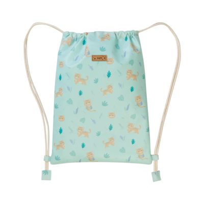 Mochila saco azul claro com padrão de leões e folhas e cordões beje