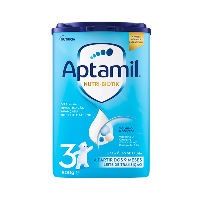 Recipiente azul de leite de transição Aptamil Nutri-Biotik fase 3 para bebés a partir dos 9 meses
