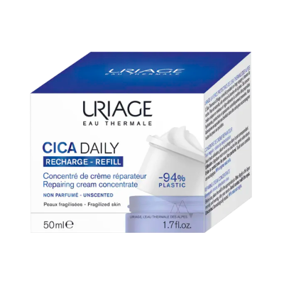 Embalagem de creme reparador Uriage CICA Daily Recharge, 50 ml, azul e branco