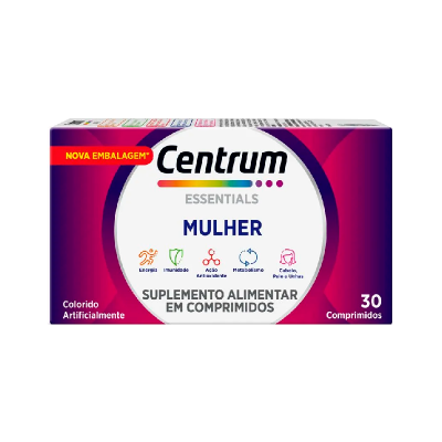 Embalagem de suplemento alimentar Centrum Essentials Mulher com 30 comprimidos em fundo roxo e branco