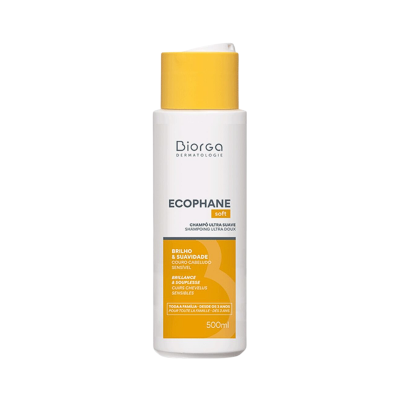 Frasco branco de champô Biorga Ecophane soft com tampa amarela e rótulo amarelo