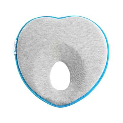 Almofada anatómica cinza com bordas azuis e orifício central