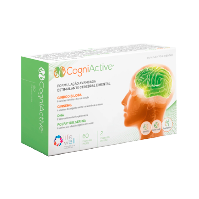 Embalagem de suplemento alimentar CogniActive com imagem de cérebro e texto dos ingredientes