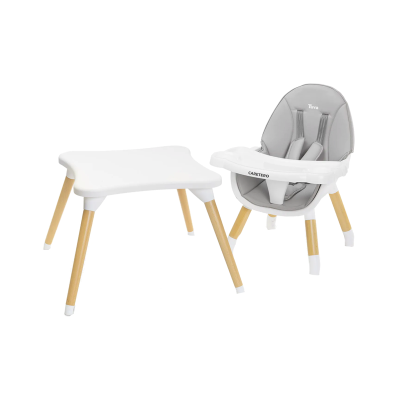 cadeira alta cinza e mesa branca com pernas de madeira para crianças