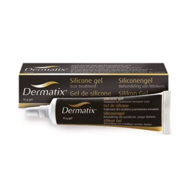 Gel de silicone Dermatix em tubo preto e embalagem preta e dourada