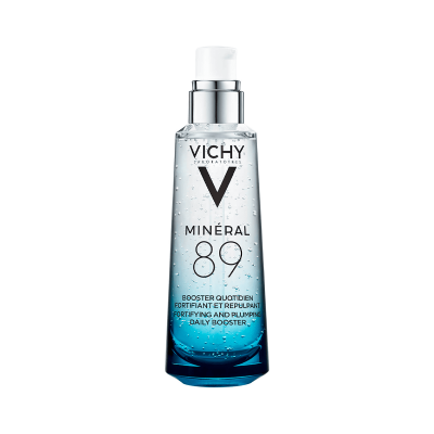 Frasco de vidro transparente de produto cosmético VICHY MINÉRAL 89 com líquido azul