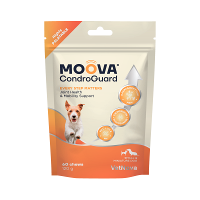 Pacote branco e laranja de suplemento para cães MOOVA CondroGuard para saúde das articulações.