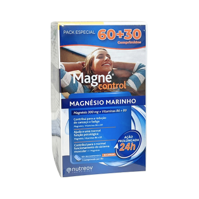 Embalagem azul e branca de Magné control Magnésio Marinho com detalhes em laranja e imagem de mulher sorridente