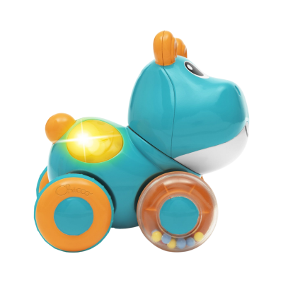 Brinquedo de hipopótamo azul com rodas laranja e luz amarela