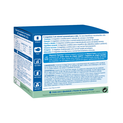 Caixa de suplemento alimentar com magnésio Natural Point azul e branca com texto explicativo em português