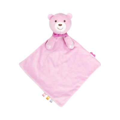 Cobertor cor-de-rosa com cabeça de urso de peluche e etiquetas coloridas