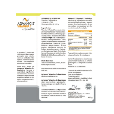 Embalagem de suplemento alimentar Advancis Vitamina C + Equinácea com informações detalhadas em português