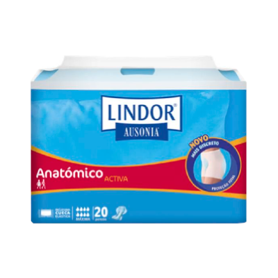 Embalagem azul e vermelha de pensos anatómicos Lindor Ausonia ActivA com 20 unidades.