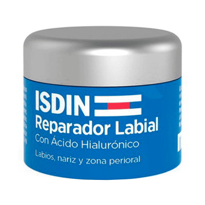 Pote azul de creme ISDIN Reparador Labial com tampa cinza