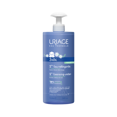 frasco azul de água de limpeza para bebé Uriage com doseador branco