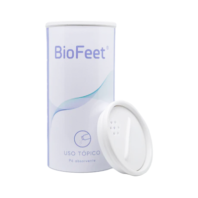 Embalagem cilíndrica branca BioFeet para uso tópico de pó absorvente com tampa removível.
