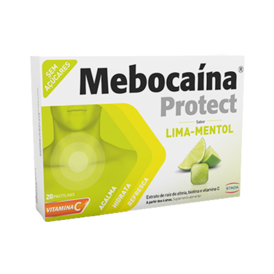 Embalagem Mebocaína Protect lima-mentol com limas e pastilha em fundo branco e verde