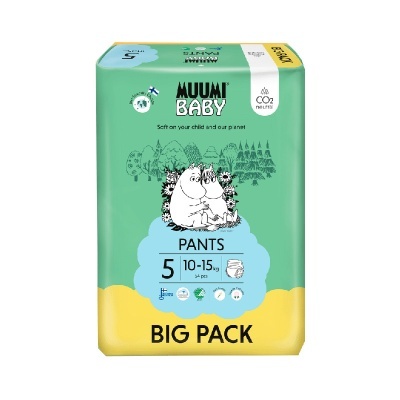 Fraldas MUUMI BABY Pants tamanho 5 embalagem verde e amarela com personagens desenhados