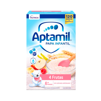 Pacote de papa infantil Aptamil 4 Frutas com tigela, colher rosa e urso branco