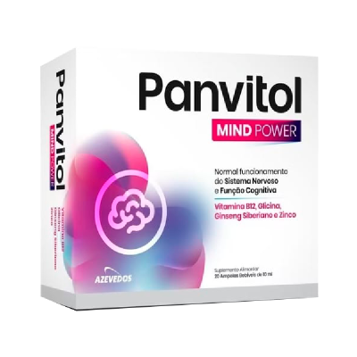 Embalagem branca Panvitol MIND POWER com texto e design colorido