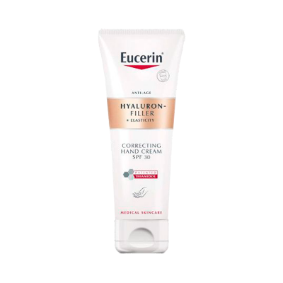 Creme para as mãos Eucerin Hyaluron-Filler com SPF 30 em tubo branco com detalhes dourados e vermelhos