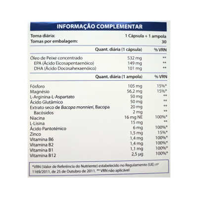 Etiqueta de suplemento alimentar com composição e quantidades diárias em azul e preto