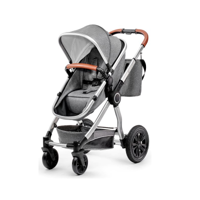 Carrinho de bebé cinza com estrutura prateada e detalhes castanhos