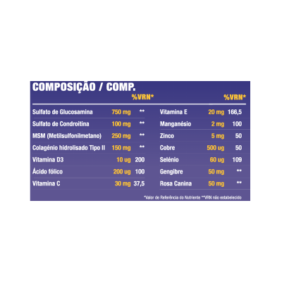 Tabela de composição de suplemento alimentar com lista de ingredientes e quantidades sobre fundo roxo