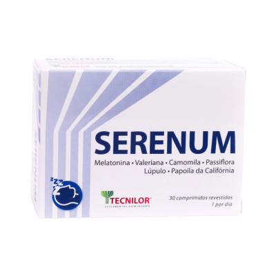 Embalagem branca do suplemento SERENUM com texto azul e logo da TECNILOR