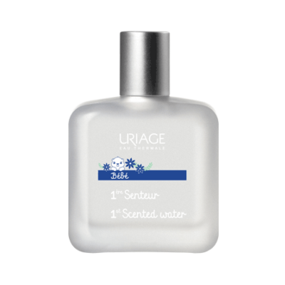 Frasco fosco de água perfumada para bebé da marca URIAGE com tampa prateada e texto em azul e branco
