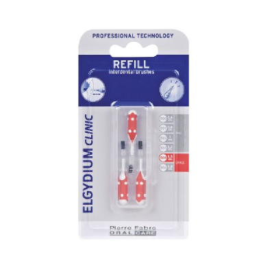 Embala de recarga de escovas interdentais Elgydium Clinic com duas escovas vermelhas com pontos brancos