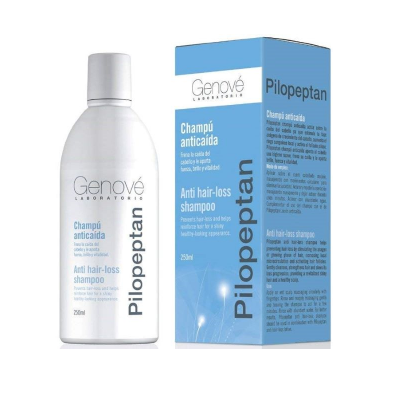 Frasco branco e caixa azul de champô antiqueda Pilopeptan Genové